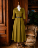 Constance Cotton Coat Collar Midi Dress – Olive