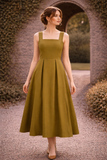Sybil Cotton Midi Pinafore Dress in Olive